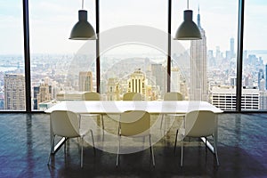 A conference room in a modern panoramic office with New York city view. White table, white chairs and two white ceiling lights. 3D