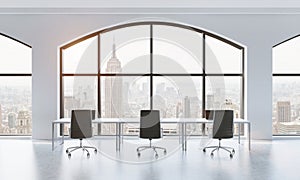 A conference room in a modern panoramic office with New York view. White table and black chairs. 3D rendering.