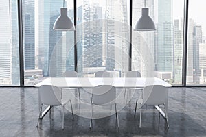 A conference room in a modern panoramic office with Singapore city view. White table, white chairs and two white ceiling lights.