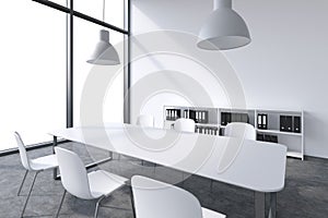 A conference room in a modern panoramic office with white copy space in windows. White table, white chairs, two white ceiling ligh