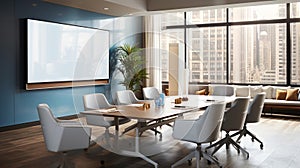 A conference room with people discussing ideas in front of a projector screen