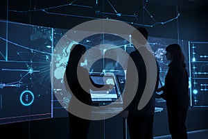 Conference Room with Projector Screen and Large Windows. AI Generated