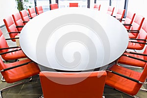 Conference room with red chairs