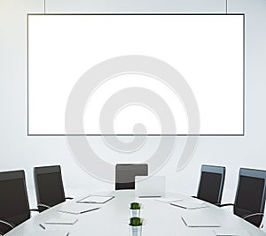 Conference room with table and chairs and blank white board on t