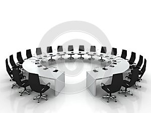 Conference table and chairs with microphones