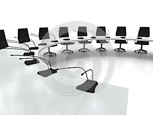 Conference table and chairs with microphones