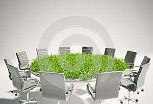 Conference table covered with grass