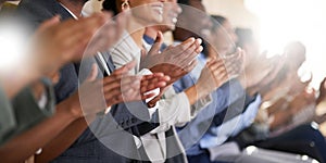 Conference, team of coworkers clapping hands for success and in boardroom of presentation with lens flare. Support