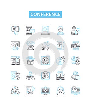 Conference vector line icons set. Convention, Symposium, Meeting, Forum, Assembly, Summit, Gathering illustration