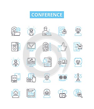 Conference vector line icons set. Convention, Symposium, Meeting, Forum, Assembly, Summit, Gathering illustration