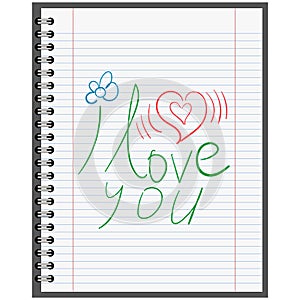 Confession in love, calligraphy on a sheet of paper from a school notebook, vector concept Declaration first love