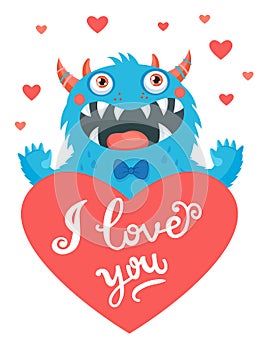 Confession of Love. A lover`s wish. Be mine only. Cute Cartoon Monster In Love