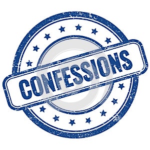 CONFESSIONS text on blue grungy round rubber stamp photo