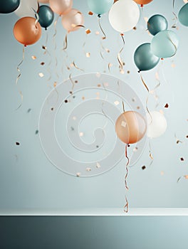 Confetti in the air and colorful party balloons floating against blue wall. Modern pastel cyan background. Generative AI