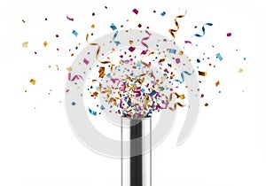 Confetti Exploding From Silver Tube Celebration Background
