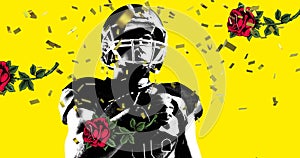 Confetti falling over male rugby player holding a ball against rose flower icon on yellow background