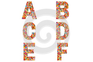 Confetti font Alphabet a, b, c, d, e, f made of colored confetti background.