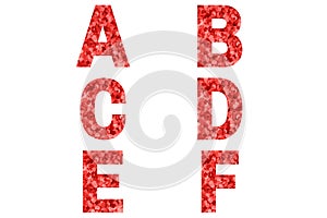 Confetti font Alphabet a, b, c, d, e, f made of red confetti background.