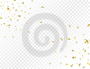 Confetti golden splash. Glitter gold confetti falling on transparent background. Shiny party frame. Bright festive