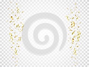 Confetti golden splash. Gold glitter confetti falling on transparent background. Shiny party frame. Bright festive