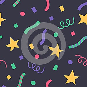 Confetti and stars in a flat style, holiday seamless pattern on a dark background