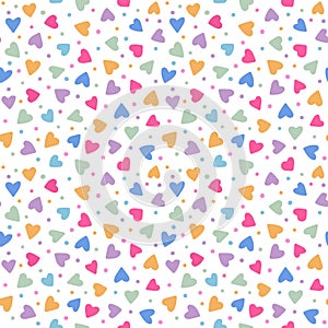 Confetti sweet candy love hearts dots seamless pattern background in pastel colors