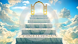 Confidence as stairs to reach out to the heavenly gate for reward, success and happiness.Confidence elevates and brings