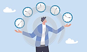 Confidence businessman expert juggling clock in difference time, time management, punctuality or work deadline, schedule plan or r