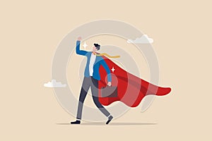 Confidence businessman success or leadership concept, superhero or strong, strength to win or get job done, outstanding employee