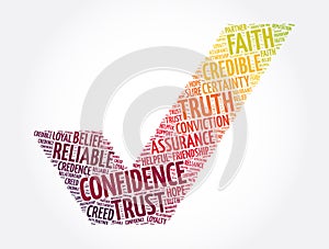 Confidence check mark word cloud collage, concept background
