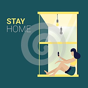 Confidence Girl use mobile phone play Social Media. Young woman in Living room with Window vector illustration. Stay Home