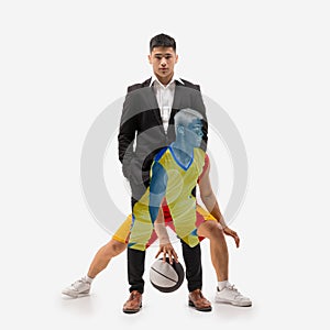 Confidence. Handsome young man in suit and active basketball playing in uniform training isolated over white background