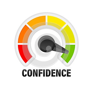 Confidence Level Meter, measuring scale. Confidence speedometer indicator. Vector stock illustration