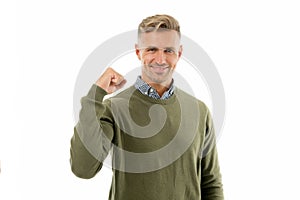 Confidence is power. Confident man isolated on white. Handsome guy flex arm. Self confident. Confident look of fashion