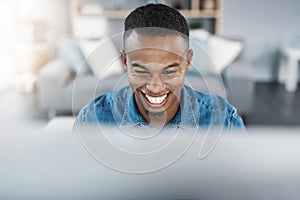 Confidence, smile and black man by computer in office, workspace and desk happy in creative career. Happiness