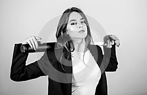 Confidence and strength. Woman pretty girl bear formal jacket and hold baseball bat. Pretty and dangerous. Life game