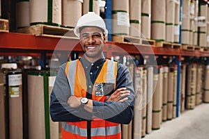 Confident african american man standing with folded arms in manufacturing unit with white helmet and uniform in factory