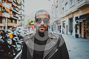 Confident african american man wearing on sunglasses and black leather jacket outdoor. Street wear fashion black man