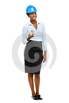 Confident African American woman architect full length portrait