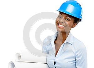 Confident African American woman architect smiling white background