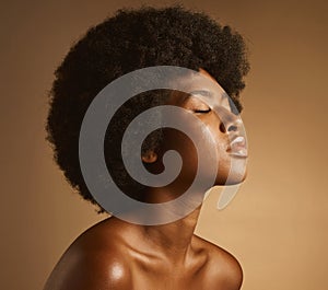Confident African American woman with a natural afro posing against brown studio copyspace background. Young beautiful