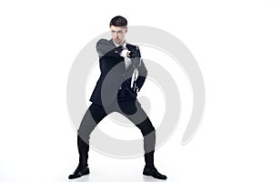 confident agent in suit and gloves with katana