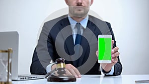 Confident attorney holding green screen cellphone, constitutional law mobile app