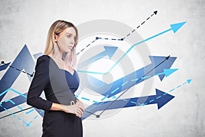 Confident attractive business woman in formal black dress is pondering how to optimize business process to boost sales of the