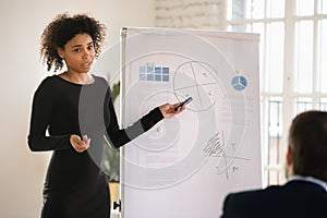 Confident biracial businesswoman make presentation on flip chart