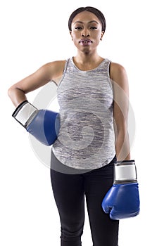 Confident Black Female Wearing Boxing Gloves