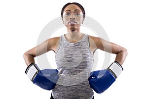 Confident Black Female Wearing Boxing Gloves