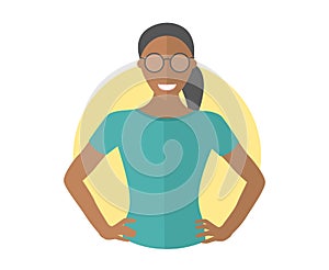 Confident black pretty girl in glasses. Flat design icon. Resolute woman with arms akimbo. Simply editable isolated vector