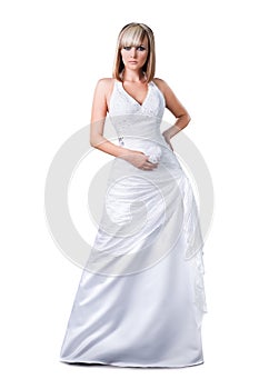 Confident blond bride wearing wedding dress