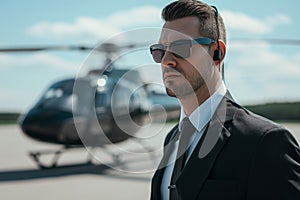 Confident Bodyguard Intent On His Duties, Equipped With Earpiece, On Helipad